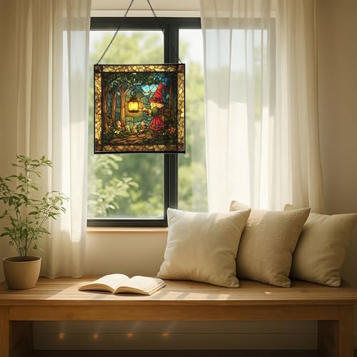 Gnome with Lantern Stained Glass Suncatcher – Square Hanging Window Panel for Home, Garden, Nursery, Halloween, Christmas, Memorial Day – Whimsical Glass Art Gift for Gnome Lovers qtaluf - Image 7