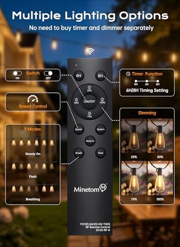 Minetom 55FT Outdoor String Lights with Remote, ST38 Patio Lights Dimmable - Image 5