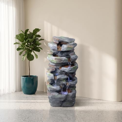 Rock Waterfall Outdoor Fountain with LED Lights, Resin Garden Decor Feature - Image 2