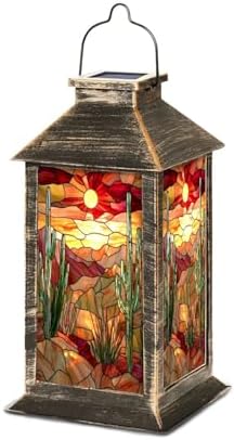 Solar Lantern Illuminated Stained Glass Decor Outdoor Waterproof Garden Hanging Lantern Solar Powered Lighting Outside Table Lamp for Patio Deck Camping 1 Pack by Unknown