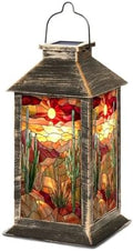 Solar Lantern Illuminated Stained Glass Decor Outdoor Waterproof Garden Hanging Lantern Solar Powered Lighting Outside Table Lamp for Patio Deck Camping 1 Pack by Unknown