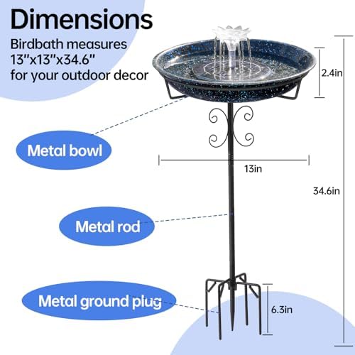Yiabivo Solar Powered Bird Bath with Fountains for Hummingbirds,Stable Stylish Design with 5-Prong Base Stake Metal Bird Bath for Outside Yard Lawn Patio Garden(Blue) - Image 7