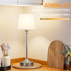Kakanuo Cordless Table Lamps Rechargeable Set - 2 Pack Silver 4000mAH Battery Operated Lamps for Decor, 3000K Stepless Dimming Touch Wireless Lamp for Bedroom, Dining Table, Living Room, White Shade - Image 3