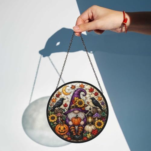 Stained Glass Crow Pumpkin Gnome Suncatcher, Maple Crescent Moon Sunflower Round Panel, Autumn Halloween Spooky Window Hanging Decor - Image 2