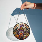 Stained Glass Crow Pumpkin Gnome Suncatcher, Maple Crescent Moon Sunflower Round Panel, Autumn Halloween Spooky Window Hanging Decor - Image 2