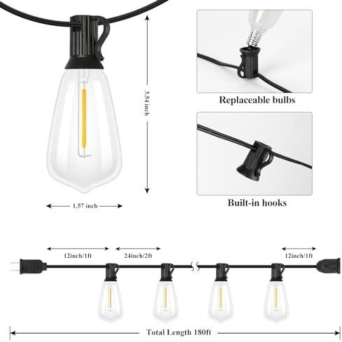 Brightever 180FT Outdoor String Lights 94 Bulbs, Waterproof Patio Lights - Image 3