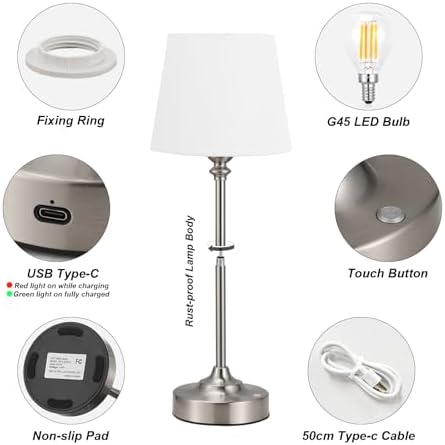 Kakanuo Cordless Table Lamps Rechargeable Set - 2 Pack Silver 4000mAH Battery Operated Lamps for Decor, 3000K Stepless Dimming Touch Wireless Lamp for Bedroom, Dining Table, Living Room, White Shade - Image 6