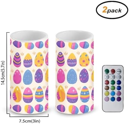 Set of 2 Flameless Candles with Remote Battery Operated Candles with Timer, Multicolor Easter Eggs Print, Flickering LED Pillar Lights for Easter Day Party Home Decor - Image 2