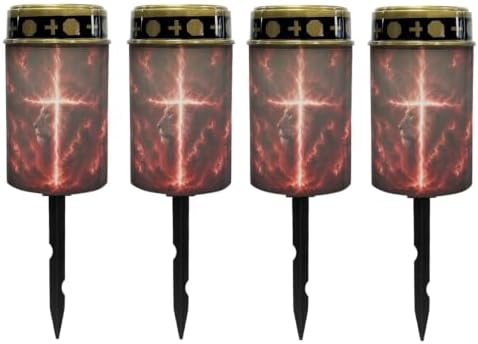Poceacles Solar Lights Outdoor Grave Candle for Cemetery Decoration Solar Outdoor Lights for Garden Lawn Backyard Pathway Decor, Lion Cross Cloud Print Red, 4 Piece Set by Poceacles