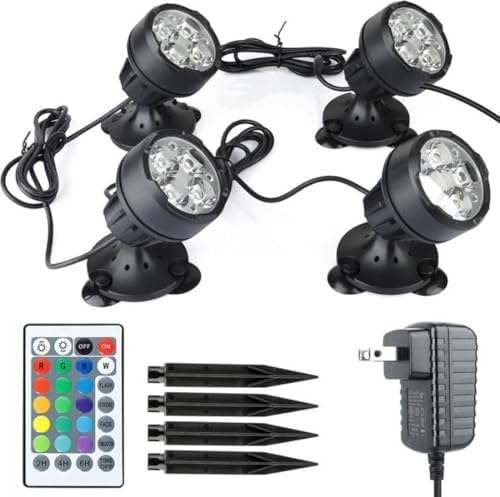 Pond Lights Underwater Colored with Timer, Submersible Fountain Light LED Spotlights Dimmable IP68 Waterproof with Spiked Stand for Outdoor Pond Fountain (Set of 4) by Unknown