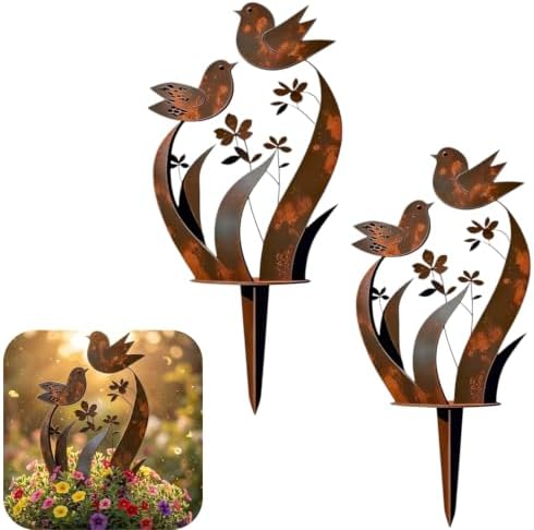 Bird & Wildflower Metal Garden Rustic Bird Stake (2, 13.7 inch) by Unknown