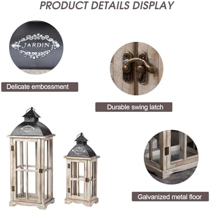Set of 2 Large Decorative Wooden Metal Lanterns, Farmhouse Rustic Floor Candle Lanterns, Indoor/Outdoor Hanging Lanterns for Home Decor (No Glass) - Image 4