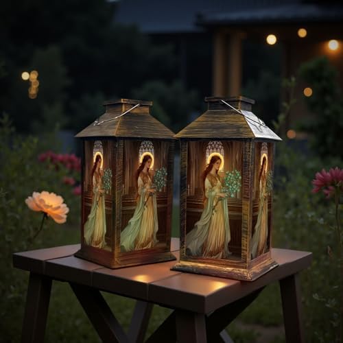Solar Lantern Outdoor Garden Hanging Lantern Gothic Stained Glass Window Art Nouveau Saint Eucalyptus Waterproof Solar Powered Lighting Outside Table Lamp for Patio Deck Yard Camping - Image 6