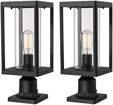 Beionxii Outdoor Post Lantern, 20inch Large Modern Lamp Post Light Fixture Exterior Pillar Lights with Pier Mount Base, Black Cast Aluminum w/Clear Cylinder Glass - A291P-2PK (NOT Solar, 110-120V AC) by Beionxii