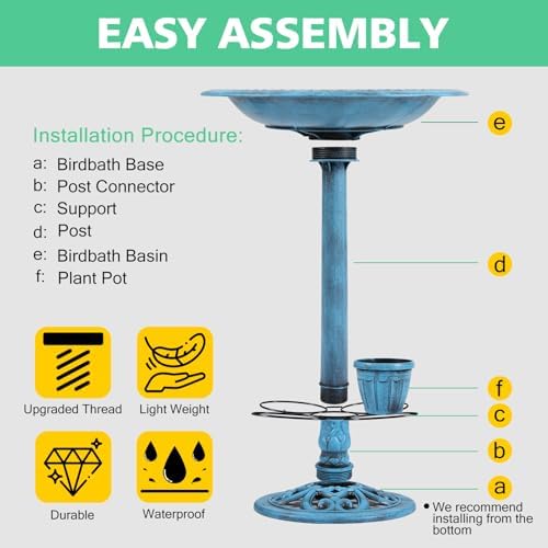 Bird Bath for Outside with 4 Removable Flower Planters 28in Polyresin Lightweight Vintage Birdbath for Outdoors Stake Standing Bowl and Water Feeder Yard Garden Decor Blue - Image 6