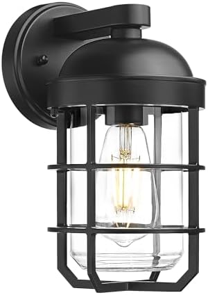 Emliviar 1-Light Outdoor Wall Sconce, Metal Cage Industrial Exterior Wall Light Fixture, Clear Tempered Glass with Black Finish, GE255BL BK by EMLIVIAR