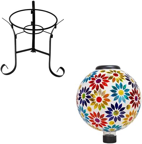 Sunnydaze Midsummer Dahlias 10” Glass Solar Gazing Ball for Garden and 9” H Black Steel Gazing Ball Stand by SunnydazeDecor