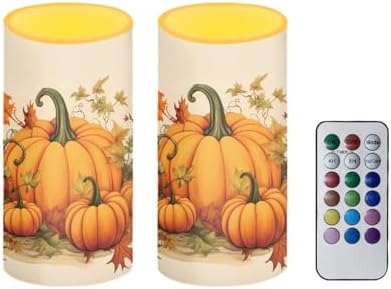 Autumn Pumpkin Print Battery Operated Candles with Timers Flameless Candles with Remote LED Lights for Thanksgiving Day Home Party Banquet Decoration by Merkmak