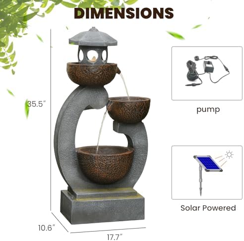 Tankana 35.5" H Solar Water Fountain Outdoor Garden 3-Tier Cascading Bowl Solar Powered Fountain Waterfall with LED Light Japanese Garden Style for Patio Yard Balcony Porch Home Decor, Bronze Finish - Image 4