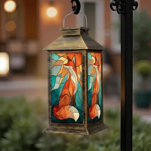 Solar Lantern Mid Century Stained Glass Fox Outdoor Waterproof Garden Hanging Lantern Solar Powered Lighting Outside Solar Light for Patio Yard Camping, Gifts for Women Mom - Image 6