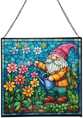 Gnome with Watering Pot Stained Glass Suncatcher – Square Hanging Window Panel for Home or Greenhouse – Whimsical Glass Art Gift for Garden Lovers, Christmas, Halloween, Father Days kgoPbt by Custom