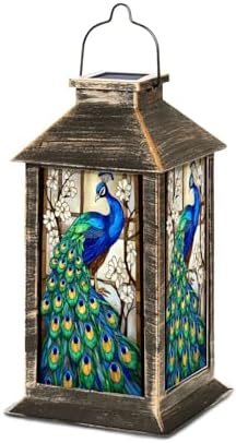 Solar Lantern Stained Glass Vibrant Blue Green Feathers Among White Blossoms Outdoor Waterproof Garden Hanging Lantern Solar Powered Lighting Outside Table Lamp for Patio Deck Camping 1 Pack by Unknown