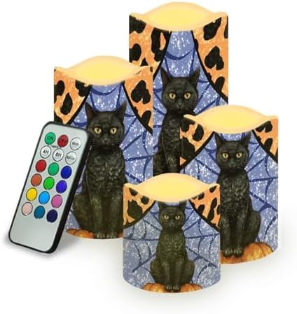 Black Cat Battery Operated Candles with Flickering Flame Timer Flameless Fake Pillar Candles Color Changing Led Electric Candles Tea Light for Halloween Party Home Table Kitchen Decor by Uorisanigo