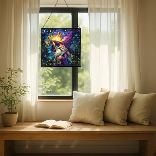 Magic Hat Gnome Stained Glass Suncatcher – Square Hanging Window Panel for Home or Greenhouse – Whimsical Glass Art Gift for Garden Lovers, Christmas, Halloween, Father Days OePCrS - Image 7
