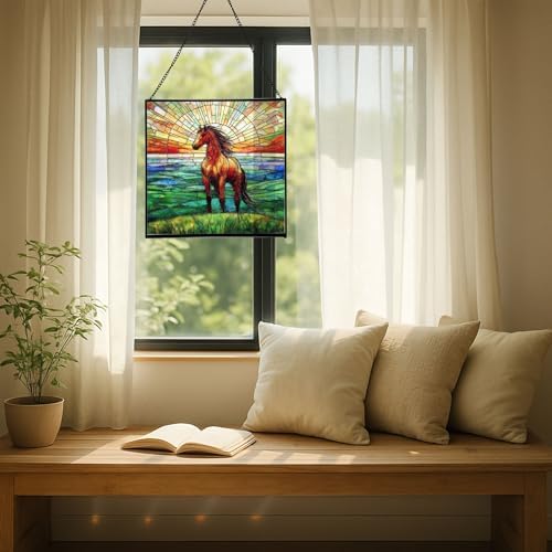 Bay Lusitano Horse Standing ATOP Hill at Sunset Square Suncatcher – Stained Glass Style Window Panel with Pastoral Scene, Custom Decorative Hanging Art for Equestrian Home, Christmas OoBNMO - Image 7