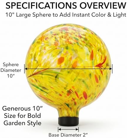 Glass Outdoor Gazing Globe, 10" Hand Blown Yellow Swirl Gazing Ball - Image 4