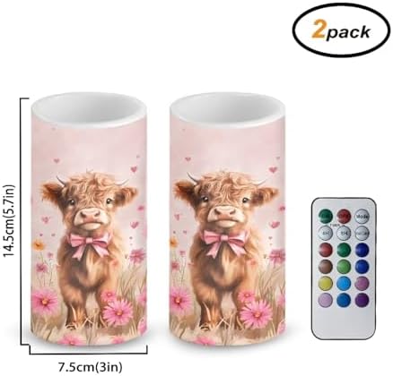 Valentines Day Flameless Candles Waterproof Battery Operated Candles with Timer Pack of 2 Pink Daisy Highland Cow Print LED Pillar Lights for Dining Table Decorations - Image 2