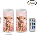 Valentines Day Flameless Candles Waterproof Battery Operated Candles with Timer Pack of 2 Pink Daisy Highland Cow Print LED Pillar Lights for Dining Table Decorations - Image 2