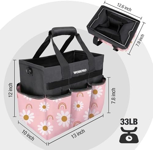 WORKPRO Garden Tool Bag, 10 Pockets and Shoulder Strap, Floral Pink - Image 2