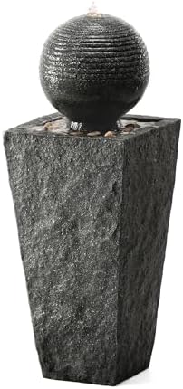 Glitzhome Outdoor Water Fountain, Outdoor Fountain with Pebbles, Pump and LED Light, 31.75" H Modern Geometric Pedestal and Sphere Polyresin Waterfall Fountain for Patio, Backyard, Garden, Deck Decor - Image 6