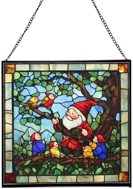 Gnome with Baby Birds Stained Glass Suncatcher – Square Hanging Window Panel for Home, Garden, Nursery, Halloween, Christmas, Memorial Day – Whimsical Glass Art Gift for Gnome Lovers 4u5en2 by Custom
