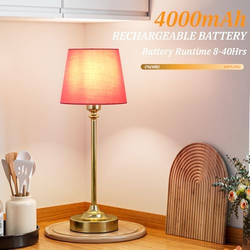 Cordless Table Lamps Rechargeable Set - 2 Pack Brass 4000mAH Battery Operated Lamps for Decor, 3000K Stepless Dimming Touch Control Wireless Lamps for Bedroom, Dining Table, Living Room, Rose Shade - Image 3
