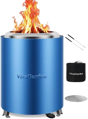 Portable Flame Adjustment Tabletop Fire Pit, VivaGarden Smokeless Table Top Fire Pit, Wood Burning & Pellets Outdoor Camping Stove with Carry Bag, Forks and Mat (9.7x7.1 Inch, Blue) by VivaGarden