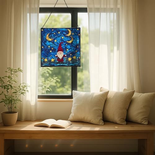 Starry Night Gnome Stained Glass Suncatcher – Square Hanging Window Panel for Home or Greenhouse – Whimsical Glass Art Gift for Garden Lovers, Christmas, Halloween, Father Days 81MU6h - Image 7