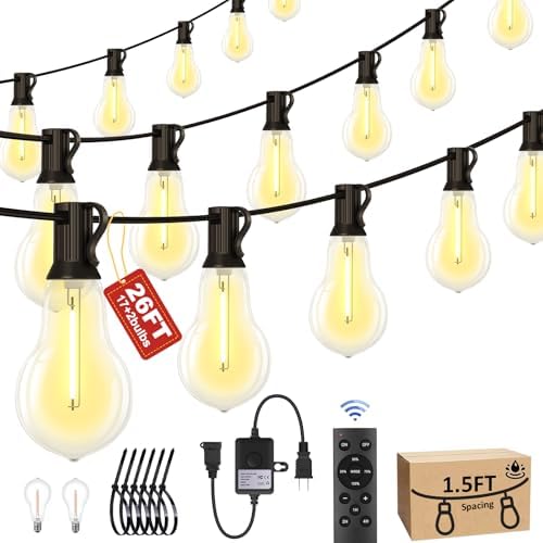 26FT Outdoor String Lights 17+2 Bulbs,120W Dimmer Remote IP65 Watterproof by Porbench