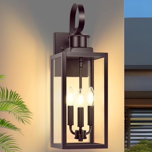 19" Large Outdoor Wall Light, 3-Light Brown Exterior Wall Light Fixture by Yochoice
