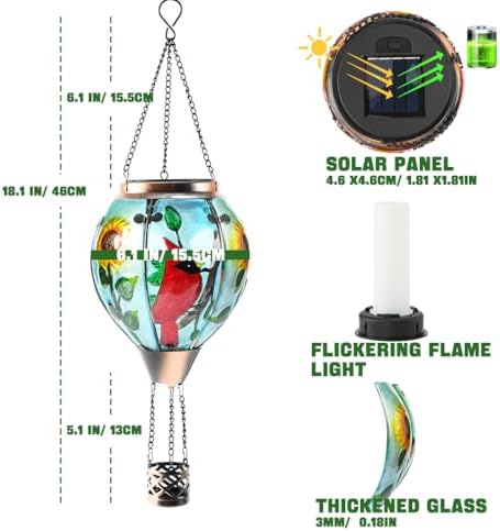 Hot Air Balloon Solar Lantern - Cardinal Bird Glass Lantern, Simulated Flickering & Dancing Flame, Outdoor Hanging Yard Light Waterproof IP65 for Patio Lawn Porch Decor Gift - Image 6