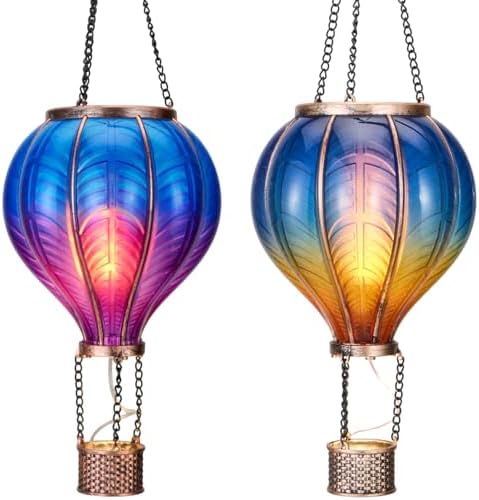 TERESA'S COLLECTIONS 2 Pack Hanging Solar Lantern Outdoor Garden Decor for Valentine,Waterproof Plastic Hot Air Balloon Blue Flickering Flame Effect Lantern for Yard Tree,Gift for Mom,18" by TERESASCOLLECTIONS