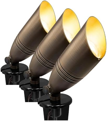 GKOLED UL Listed Solid Brass Landscape Spotlight, Low Voltage Outdoor Directional Uplight, with 5W MR16 LED Bulb & Large Rugged Slot Spike, 12V AC/DC Garden Patio Spot Up Light (Pack of 3) by GKOLED