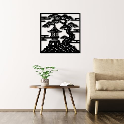 Japanese Pagoda and Bonsai Tree Metal Wall Art Metal Outdoor Decor Metal Signs Elegant Minimalist Aesthetic Home Decor Stunning Zen Garden Decoration for Living Room Bedroom Patio (Black,16inch) - Image 4