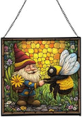 Bee Friend Gnome Stained Glass Suncatcher – Square Hanging Window Panel for Home or Greenhouse – Whimsical Glass Art Gift for Garden Lovers, Christmas, Halloween, Father Days NXogQg by Custom