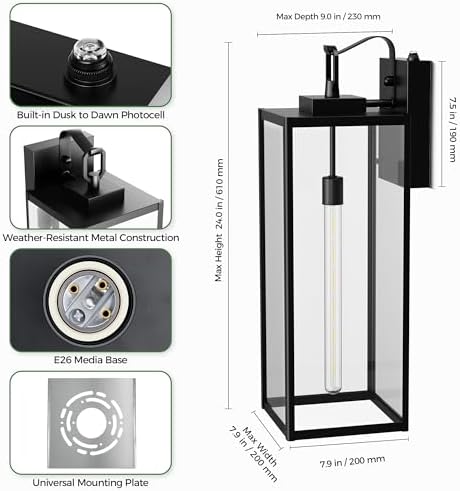 DORESshop 24 Inch Large Size Dusk to Dawn Outdoor Wall Lights, Matte Black Waterproof Anti-Rust Outdoor Light Fixtures Wall Mount with Clear Glass Shade for Porch, with T30 Light Bulbs, 2 Pack - Image 6