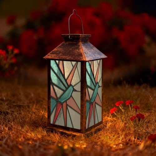 Solar Lantern Mid Century Stained Glass Outdoor Waterproof Garden Hanging Lantern Solar Powered Lighting Outside Solar Light for Patio Yard Camping, Gifts for Women Mom by Unknown