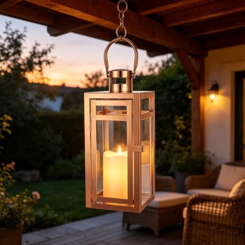 TRIROCKS Stainless Steel Decorative Lantern 12'' High Metal Candle Holder with Tempered Glass Perfect for Home Decor Living Room Parties Events Tabletop Indoors Outdoors (Rose Gold) - Image 3