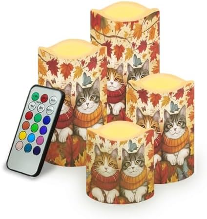 Fall Maple Leaves Cat Flameless Candles with Timer and Color Changing Pillar Candles Battery Operated Tea Light for Thanksgiving Day Party Electric LED Candle Kitchen Dining House Decor by Uorisanigo