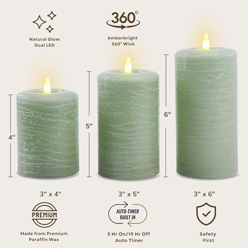 LumiPur Essentials Natural Glow Flameless Flickering Wax Pillar 3 Pack LED Candles (3" x 4" 5" & 6") Sage Green - Image 2